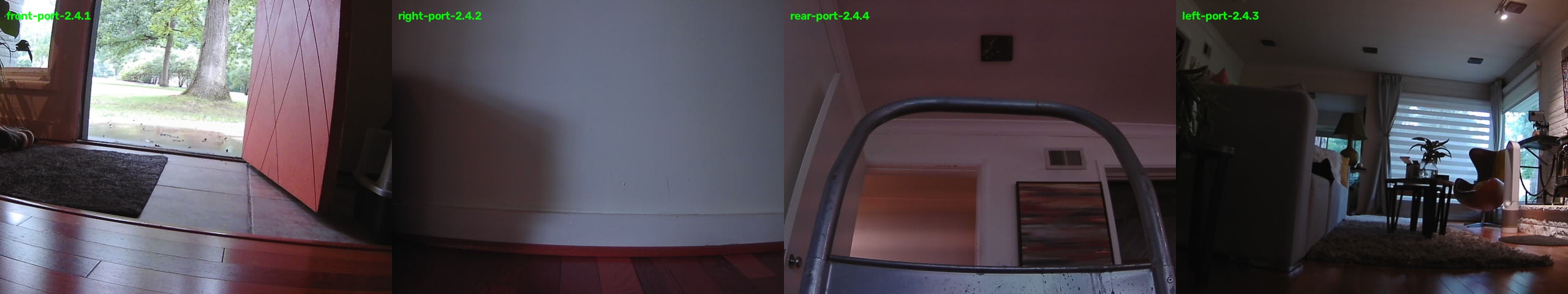 Four camera views side by side: front door and yard, a blank wall, the cart handle, a living room.