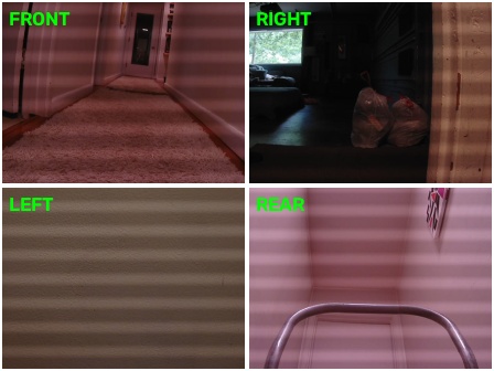 2x2 camera mosaic: empty hallway ahead, cart handle in the rear view.