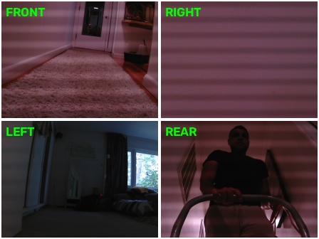 2x2 camera mosaic: a person holding the cart handle in the rear view.