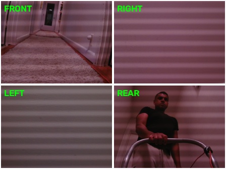 2x2 camera mosaic: hallway ahead, person at the handle behind.