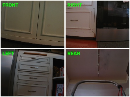 2x2 camera mosaic: cabinet doors inches from the front camera.