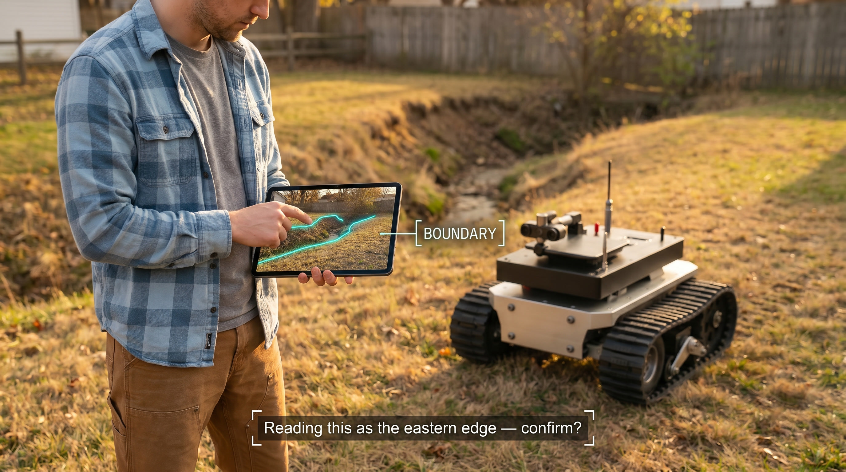 A homeowner stands in a backyard at golden hour holding a tablet. The tablet shows the same yard from the rover's perspective with a small ravine visible. The homeowner's index finger is drawing a glowing cyan line along the ravine's edge on the tablet screen. UI annotations read 'BOUNDARY' next to the line and 'Reading this as the eastern edge — confirm?' at the bottom. The rover sits on the grass to the right.